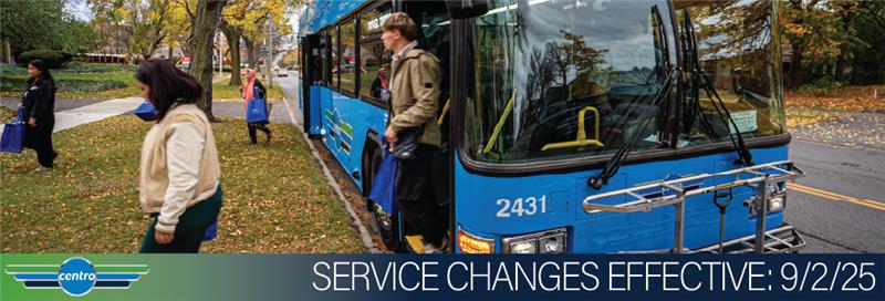 a picture of a centro blue bus with text that reads: Service changes effective September 2, 2025.